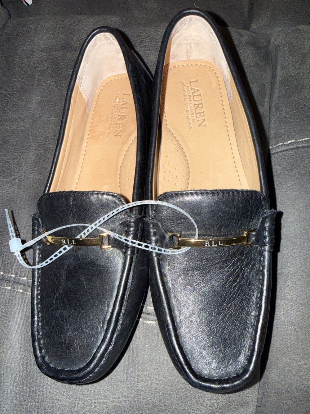 Lauren Ralph Lauren Black Leather Women's Slip-On Loafers with Gold Accent 5.5